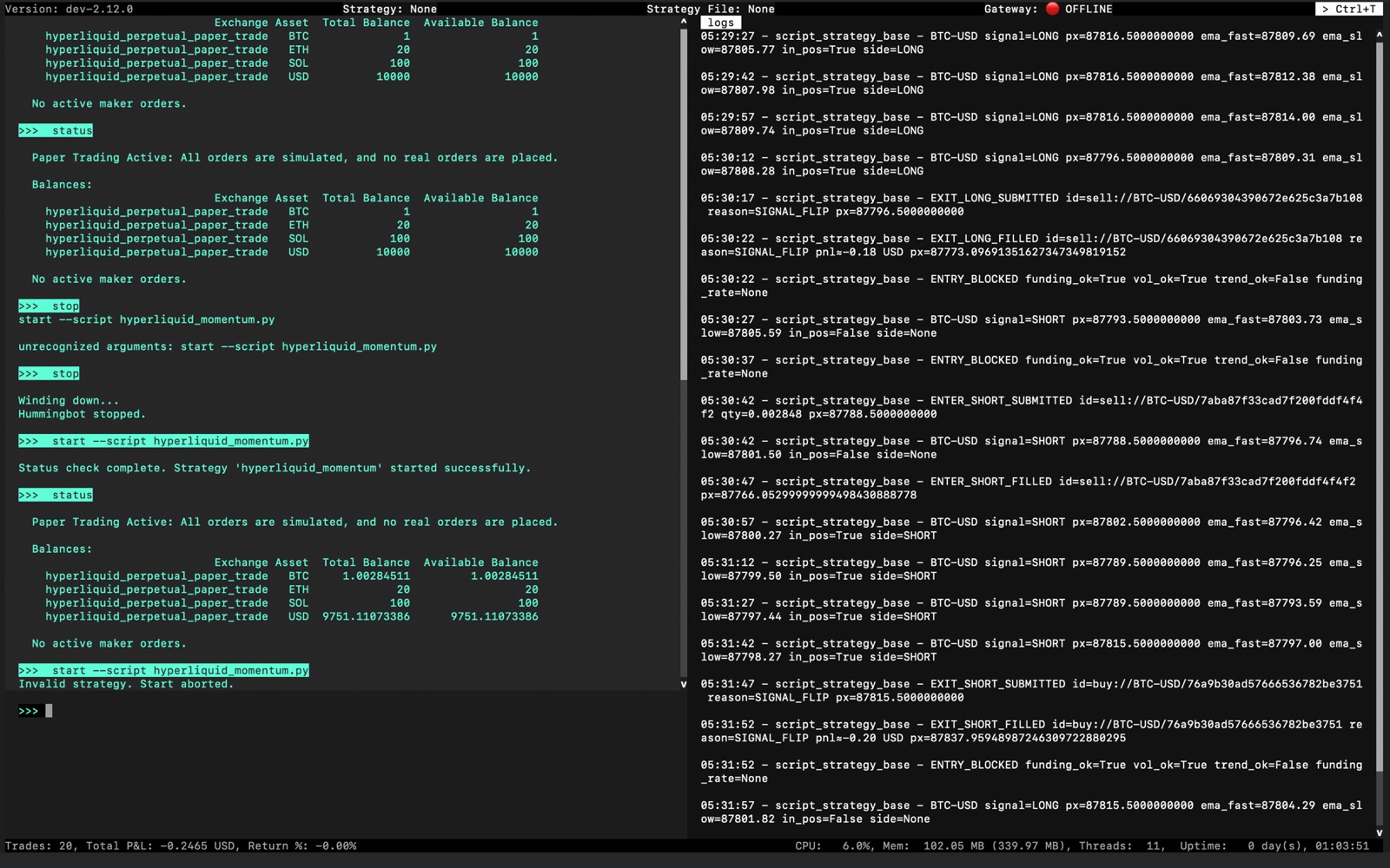 Hummingbot paper-trading session