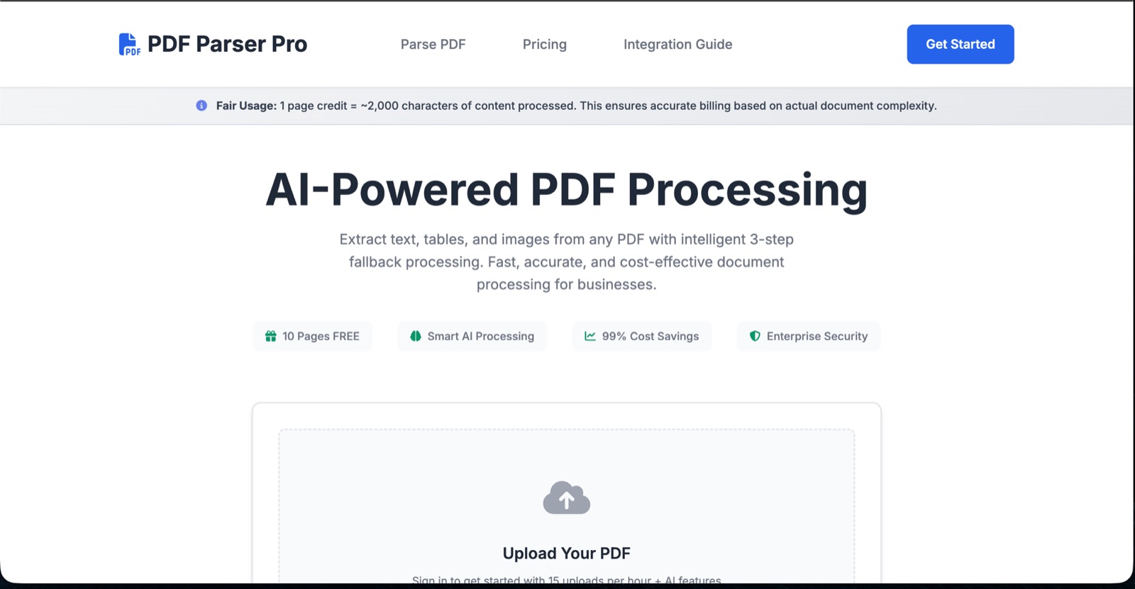 PDF Parser Pro, live website at pdfparserpro.com